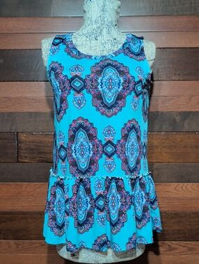 Agnes & Dora Turquoise Sleeveless Peplum Top with Paisley Medallion Print